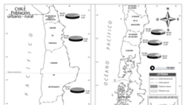 Mapa con la población urbana y rural de Chile