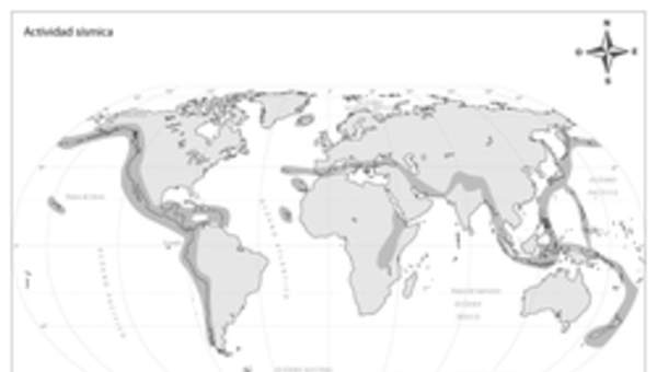 Mapa actividad sísmica del mundo en blanco y negro