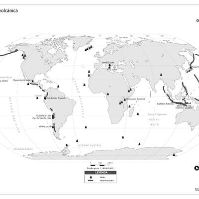 Mapa actividad volcánica en el mundo en blanco y negro