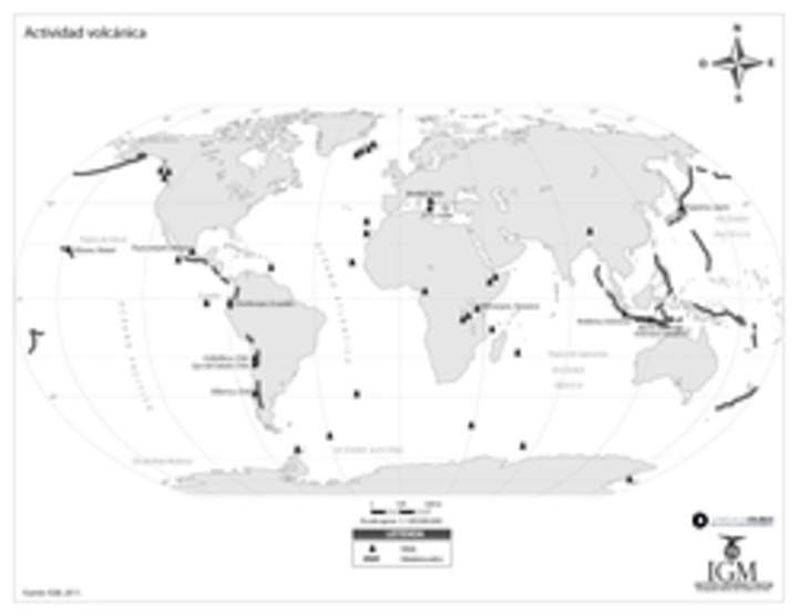 Mapa actividad volcánica en el mundo en blanco y negro