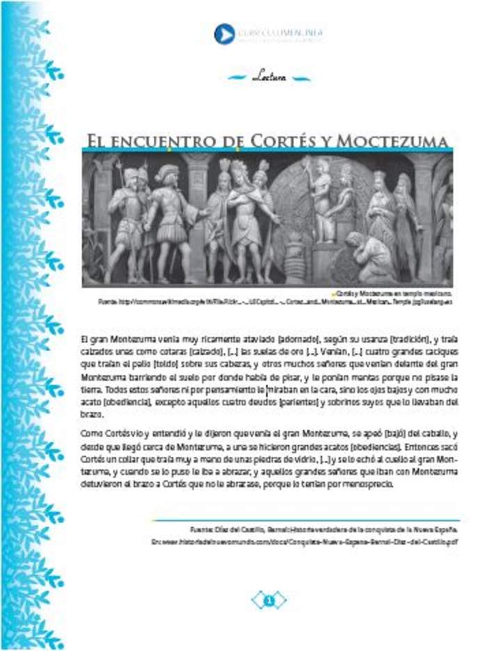 Lectura sobre el encuentro entre Cortés y Moctezuma