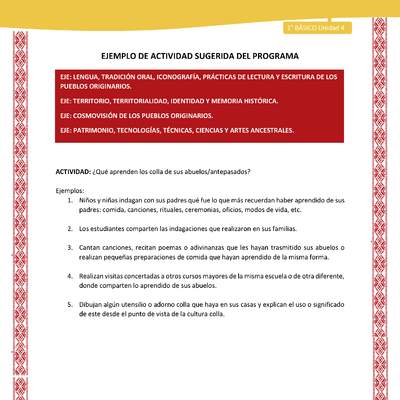 Actividad sugerida: LC01 - Colla - U4 - N°2: ¿Qué aprenden los colla de sus abuelos/antepasados?