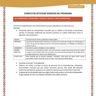 Actividad sugerida LC01 - Aymara - U01 - N°23: : Experimentan con instrumentos musicales utilizados en la cultura aymara