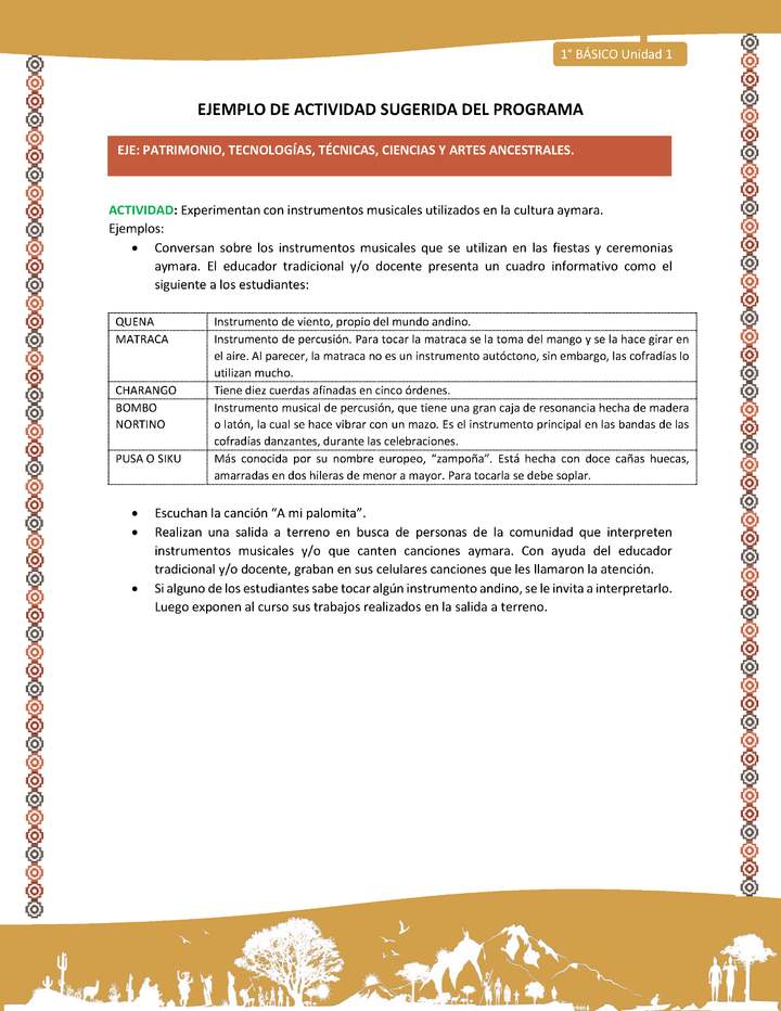 Actividad sugerida LC01 - Aymara - U01 - N°23: : Experimentan con instrumentos musicales utilizados en la cultura aymara