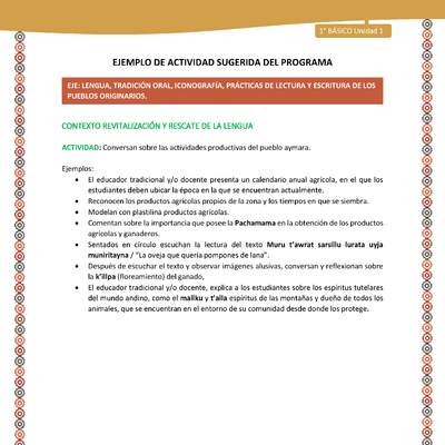 Actividad sugerida LC01 - Aymara - U01 - N°8: Conversan sobre las actividades productivas del pueblo aymara.