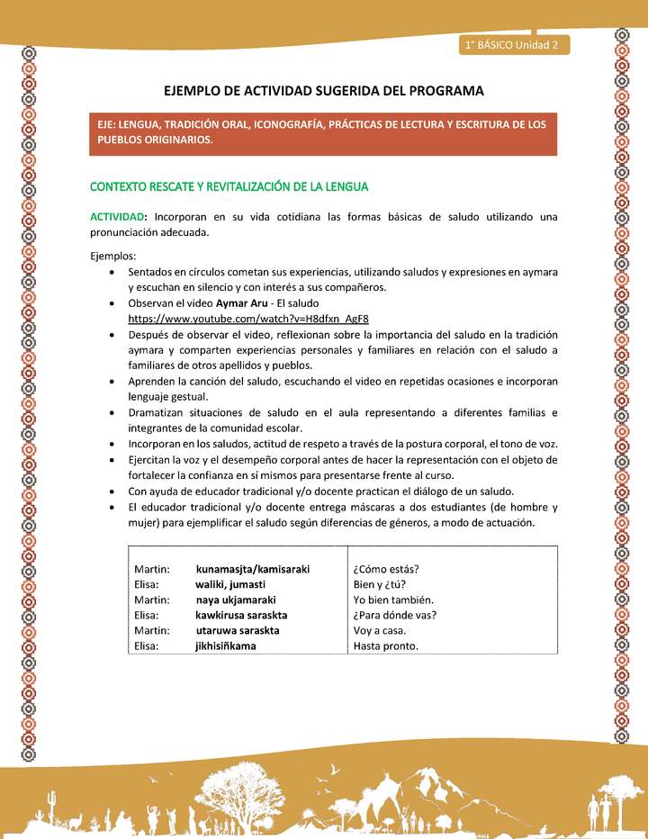 Actividad sugerida LC01 - Aymara - U02 - N°08: : Incorporan en su vida cotidiana las formas básicas de saludo utilizando una pronunciación adecuada