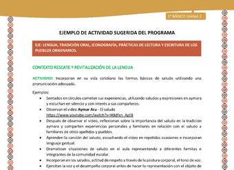 Actividad sugerida LC01 - Aymara - U02 - N°08: : Incorporan en su vida cotidiana las formas básicas de saludo utilizando una pronunciación adecuada