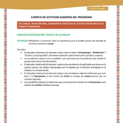 Actividad sugerida LC01 - Aymara - U02 - N°03: Reflexionan y conversan sobre la importancia para el pueblo aymara del periodo de siembra y cosecha en anata