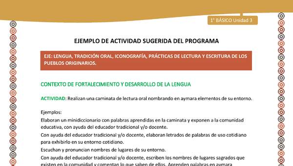 Actividad sugerida LC01 - Aymara - U04 - N°06: Realizan una caminata de lectura oral nombrando en aymara elementos de su entorno