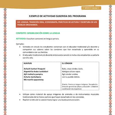 Actividad sugerida LC01 - Aymara - U02 - N°18: Escuchan canciones en lengua aymara