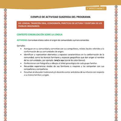 Actividad sugerida LC01 - Aymara - U03 - N°01: Comentan relatos sobre el origen de comunidades aymara conocidas