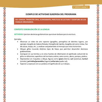 Actividad sugerida LC01 - Aymara - U04 - N°05: Ejercitan destrezas grafomotrices que sirven de base para la escritura