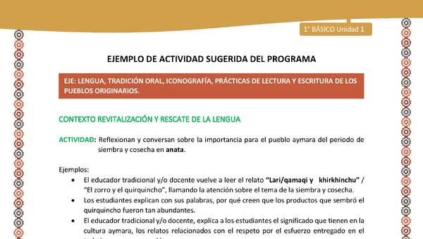 Actividad sugerida LC01 - Aymara - U01 - N°6: Reflexionan y conversan sobre la importancia para el pueblo aymara del periodo de siembra y cosecha en anata.