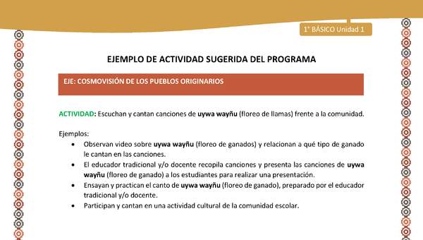 Actividad sugerida LC01 - Aymara - U01 - N°21: Escuchan y cantan canciones de uywa wayñu (floreo de llamas) frente a la comunidad