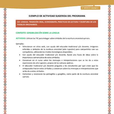 Actividad sugerida LC01 - Aymara - U02 - N°06: Utilizan las TIC para indagar sobre símbolos de la escritura ancestral aymara