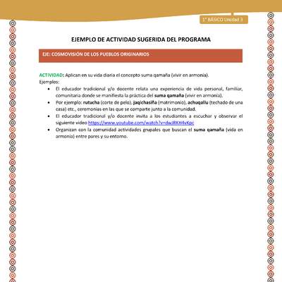 Actividad sugerida LC01 - Aymara - U04 - N°13: Aplican en su vida diaria el concepto suma qamaña (vivir en armonía)