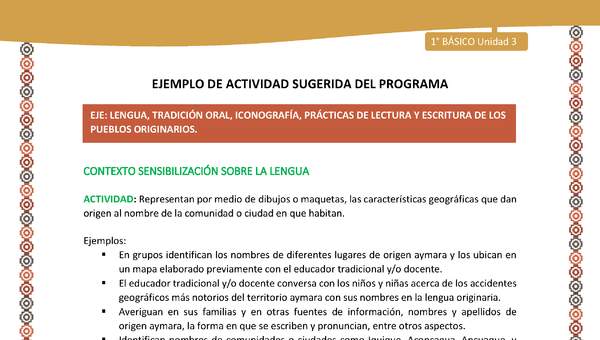 Actividad sugerida LC01 - Aymara - U03 - N°08: Representan por medio de dibujos o maquetas, las características geográficas que dan origen al nombre de la comunidad o ciudad en que habitan