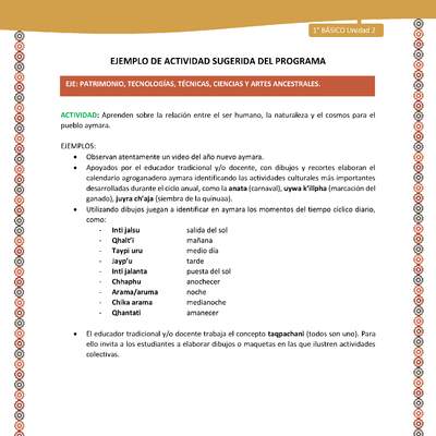 Actividad sugerida LC01 - Aymara - U02 - N°30: Aprenden sobre la relación entre el ser humano, la naturaleza y el cosmos para el pueblo aymara