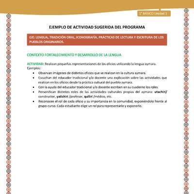 Actividad sugerida LC01 - Aymara - U01 - N°11: Realizan pequeñas representaciones de los oficios utilizando la lengua aymara