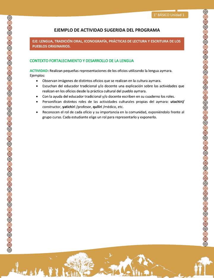 Actividad sugerida LC01 - Aymara - U01 - N°11: Realizan pequeñas representaciones de los oficios utilizando la lengua aymara