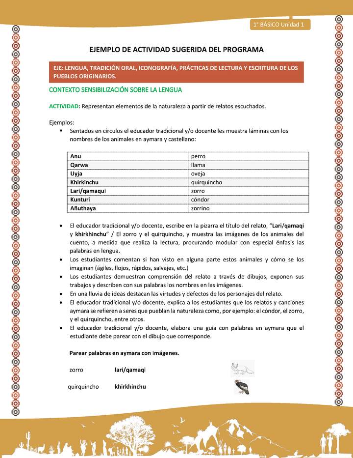 Actividad sugerida LC01 - Aymara - U01 - N°1: : Representan elementos de la naturaleza a partir de relatos escuchados.
