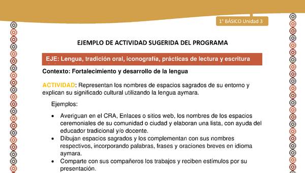 Actividad sugerida LC01 - Aymara - U03 - N°10: Representan los nombres de espacios sagrados de su entorno y explican su significado cultural utilizando la lengua aymara