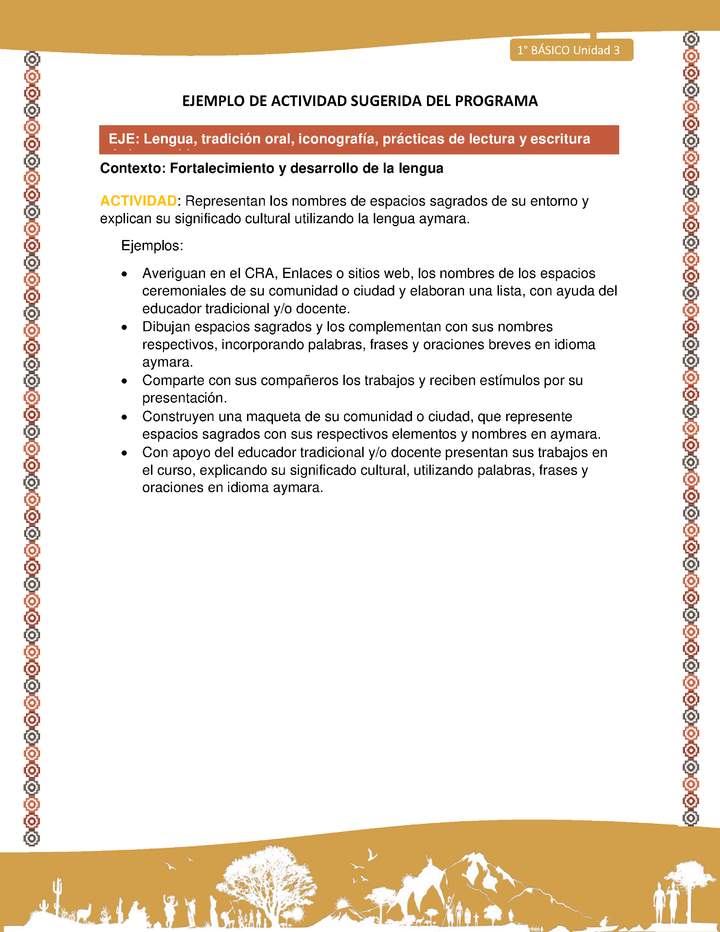 Actividad sugerida LC01 - Aymara - U03 - N°10: Representan los nombres de espacios sagrados de su entorno y explican su significado cultural utilizando la lengua aymara