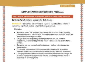 Actividad sugerida LC01 - Aymara - U03 - N°10: Representan los nombres de espacios sagrados de su entorno y explican su significado cultural utilizando la lengua aymara