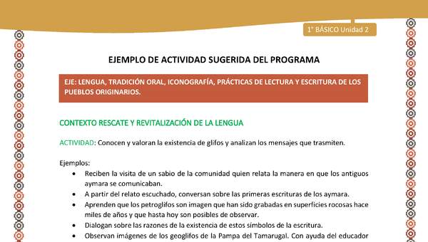 Actividad sugerida LC01 - Aymara - U02 - N°22: Conocen y valoran la existencia de glifos y analizan los mensajes que trasmiten