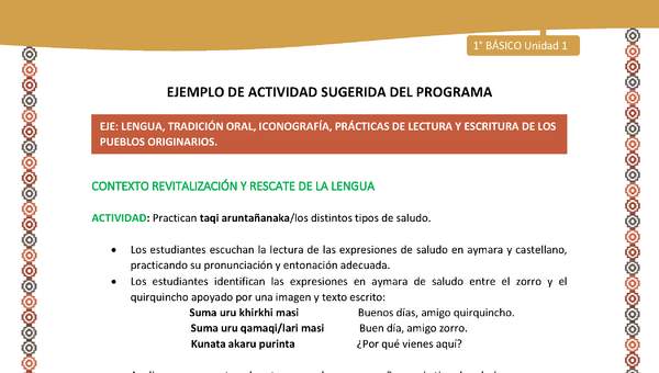 Actividad sugerida LC01 - Aymara - U01 - N°5: Practican taqi aruntañanaka/los distintos tipos de saludo.