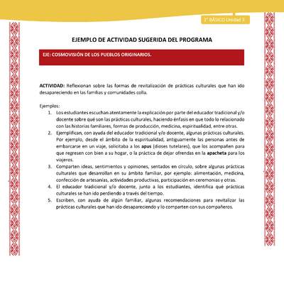 Actividad sugerida: LC02 - Colla - U3 - N°6: Reflexionan sobre las formas de revitalización de prácticas culturales que han ido desapareciendo en las familias y comunidades colla.