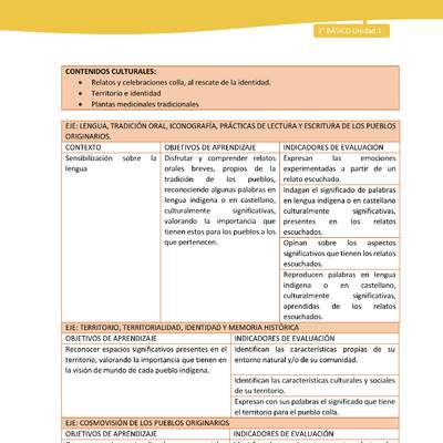 Matriz unidad 1: Lengua y Cultura de los Pueblos Originarios Ancestrales - Colla - 2° básico