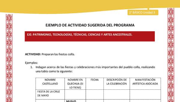 Actividad sugerida: LC02 - Colla - U3 - N°7: Preparan las fiestas colla.