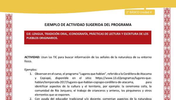 Actividad sugerida: LC02 - Colla - U4 - N°2: Usan las TIC para buscar información de las señales de la naturaleza de su entorno físico.