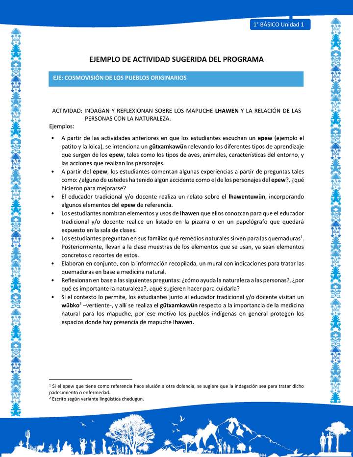 Actividad sugerida: LC01 - Mapuche - U1 - N°8: INDAGAN Y REFLEXIONAN SOBRE LOS MAPUCHE LHAWEN Y LA RELACIÓN DE LAS PERSONAS CON LA NATURALEZA.