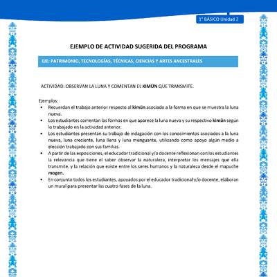 Actividad sugerida: LC01 - Mapuche - U2 - N°11: OBSERVAN LA LUNA Y COMENTAN EL KIMÜN QUE TRANSMITE.