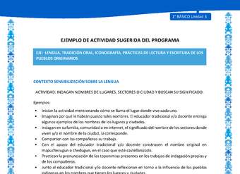 Actividad sugerida: LC01 - Mapuche - U3 - N°1: INDAGAN NOMBRES DE LUGARES, SECTORES O CIUDAD Y BUSCAN SU SIGNIFICADO