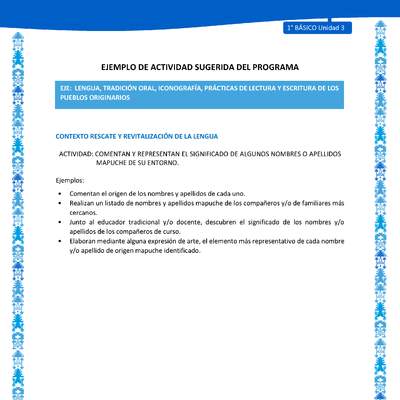 Actividad sugerida: LC01 - Mapuche - U3 - N°4: COMENTAN Y REPRESENTAN EL SIGNIFICADO DE ALGUNOS NOMBRES O APELLIDOS MAPUCHE DE SU ENTORNO.