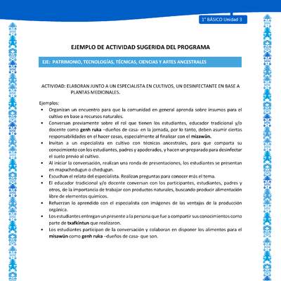 Actividad sugerida: LC01 - Mapuche - U3 - N°12: ELABORAN JUNTO A UN ESPECIALISTA EN CULTIVOS, UN DESINFECTANTE EN BASE A PLANTAS MEDICINALES.