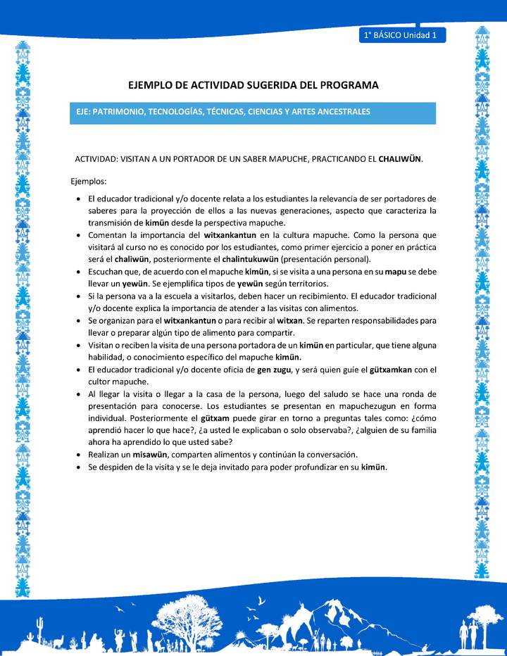 Actividad sugerida: LC01 - Mapuche - U1 - N°11: VISITAN A UN PORTADOR DE UN SABER MAPUCHE, PRACTICANDO EL CHALIWÜN.