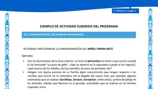 Actividad sugerida: LC01 - Mapuche - U2 - N°9: PARTICIPAN DE LA CONMEMORACIÓN DEL WIÑOL TXIPAN ANTÜ.