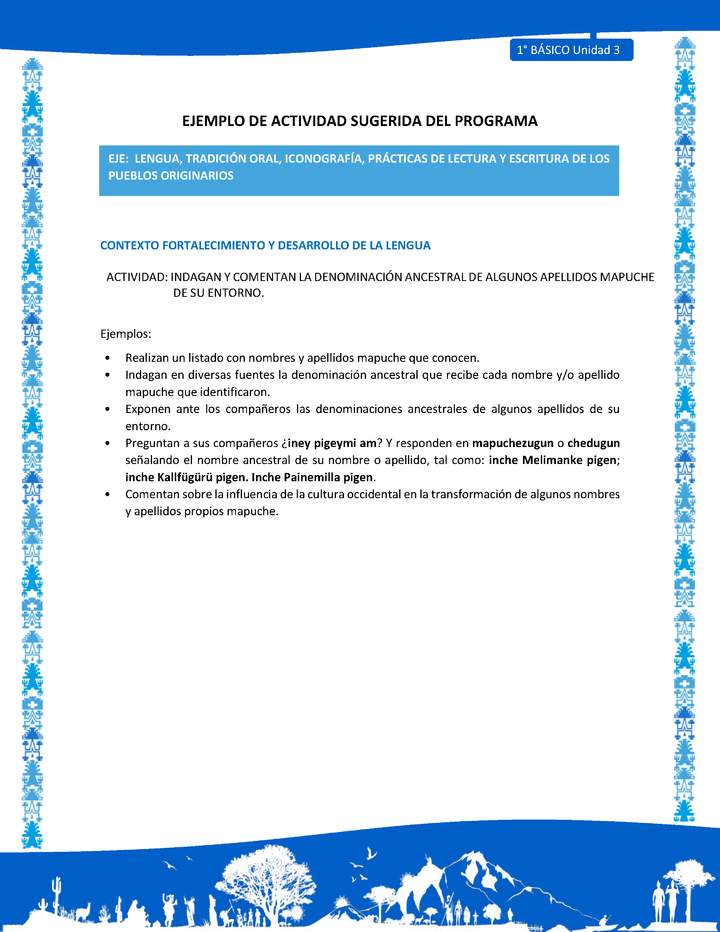 Actividad sugerida: LC01 - Mapuche - U3 - N°6: INDAGAN Y COMENTAN LA DENOMINACIÓN ANCESTRAL DE ALGUNOS APELLIDOS MAPUCHE DE SU ENTORNO.