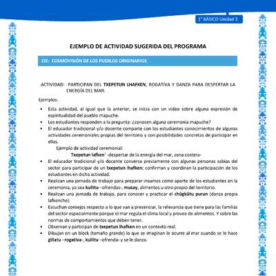 Actividad sugerida: LC01 - Mapuche - U3 - N°9: PARTICIPAN DEL TXEPETUN LHAFKEN, ROGATIVA Y DANZA PARA DESPERTAR LA ENERGÍA DEL MAR.