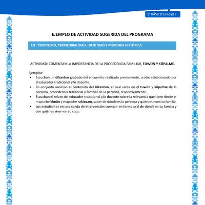 Actividad sugerida: LC01 - Mapuche - U2 - N°4: COMENTAN LA IMPORTANCIA DE LA PROCEDENCIA FAMILIAR, TUWÜN Y KÜPALME.