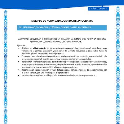 Actividad sugerida: LC01 - Mapuche - U1 - N°12: CONVERSAN Y REFLEXIONAN EN RELACIÓN AL KIMÜN QUE PORTA LA PERSONA RECONOCIDA COMO PATRIMONIO CULTURAL MAPUCHE.