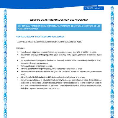 Actividad sugerida: LC01 - Mapuche - U1 - N°3: PRACTICAN DIVERSAS FORMAS DE IMITAR EL CANTO DE AVES.