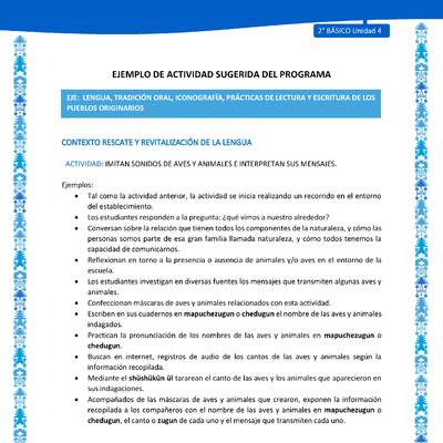 Actividad sugerida: LC02 - Mapuche - U4 - N°2: IMITAN SONIDOS DE AVES Y ANIMALES E INTERPRETAN SUS MENSAJES.