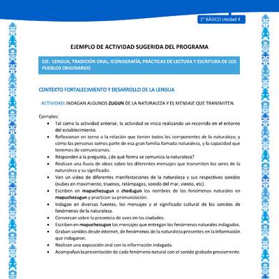 Actividad sugerida: LC02 - Mapuche - U4 - N°3: INDAGAN ALGUNOS ZUGUN DE LA NATURALEZA Y EL MENSAJE QUE TRANSMITEN.