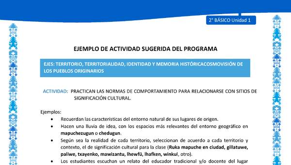 Actividad sugerida: LC02 - Mapuche - U1 - N°4: PRACTICAN LAS NORMAS DE COMPORTAMIENTO PARA RELACIONARSE CON SITIOS DE SIGNIFICACIÓN CULTURAL.