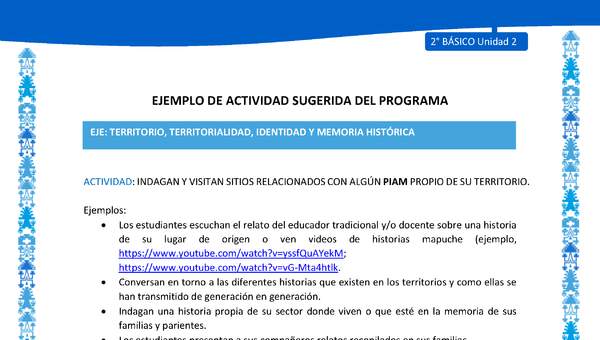 Actividad sugerida: LC02 - Mapuche - U2 - N°4: INDAGAN Y VISITAN SITIOS RELACIONADOS CON ALGÚN PIAM PROPIO DE SU TERRITORIO.